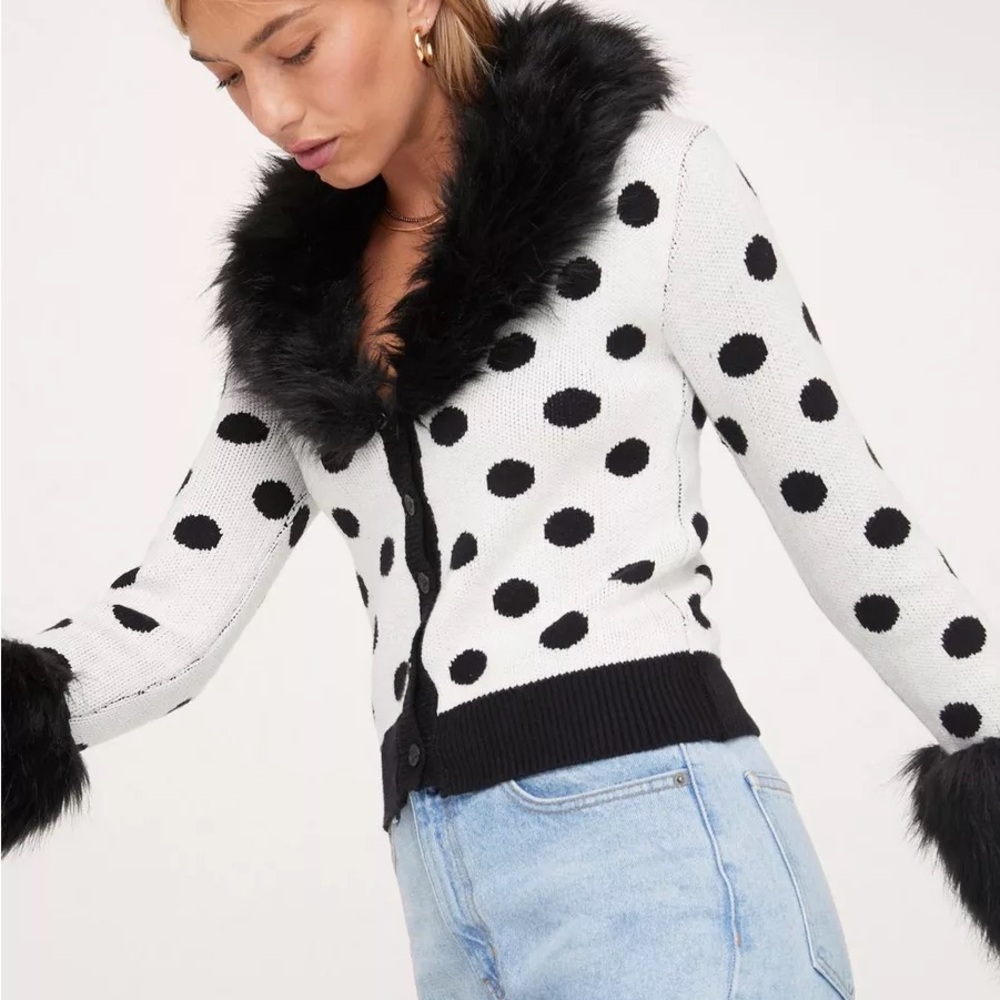 Polka Dot Faux Fur Trim Sweater Cardigan US 6 - Picture 4 of 8